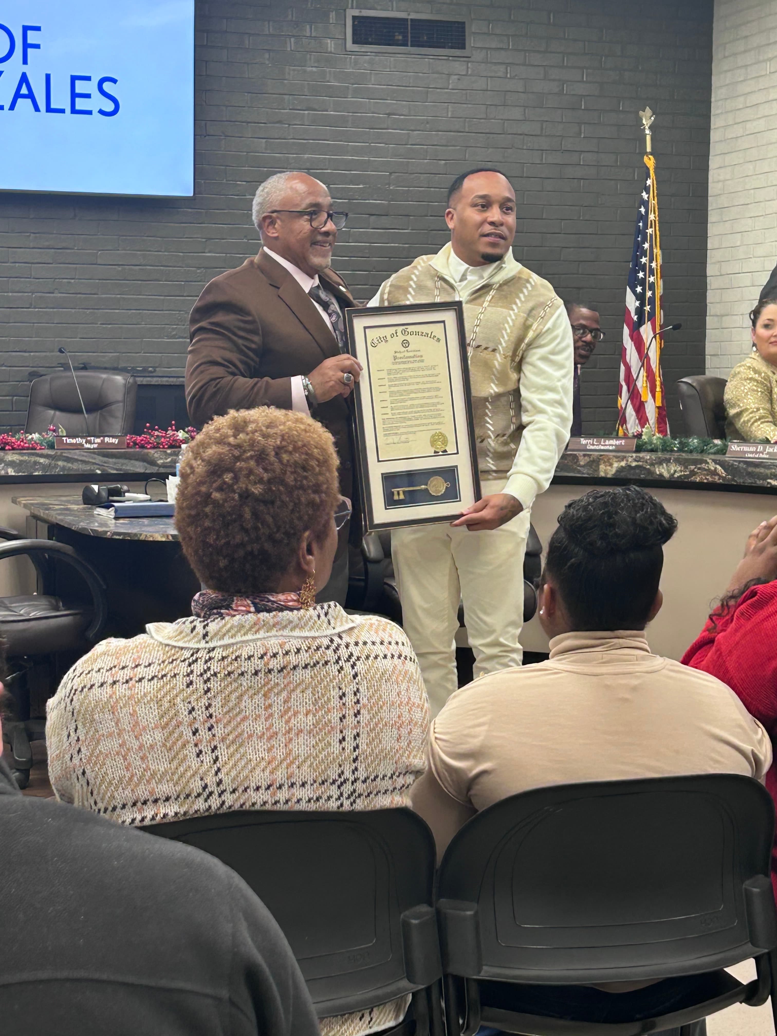Eldridge Romain LeBlanc receiving City of Gonzales award